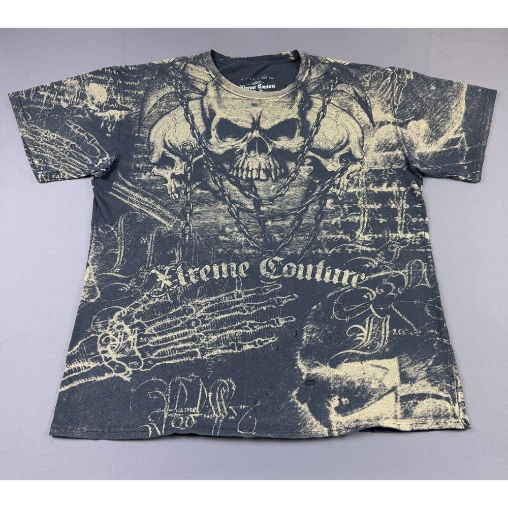 Rare Vintage Y2K Xtreme Couture AOP Skull Skeleton Chain MMA UFC Tattoo Graphic